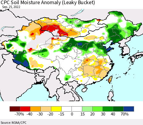 China, Mongolia and Taiwan CPC Soil Moisture Anomaly (Leaky Bucket) Thematic Map For 9/21/2022 - 9/25/2022