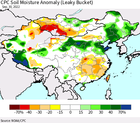 China, Mongolia and Taiwan CPC Soil Moisture Anomaly (Leaky Bucket) Thematic Map For 9/26/2022 - 9/30/2022