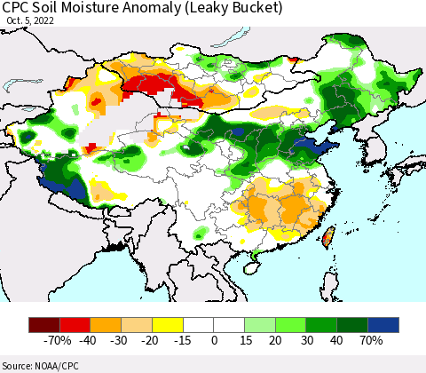 China, Mongolia and Taiwan CPC Soil Moisture Anomaly (Leaky Bucket) Thematic Map For 10/1/2022 - 10/5/2022