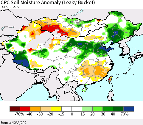 China, Mongolia and Taiwan CPC Soil Moisture Anomaly (Leaky Bucket) Thematic Map For 10/6/2022 - 10/10/2022