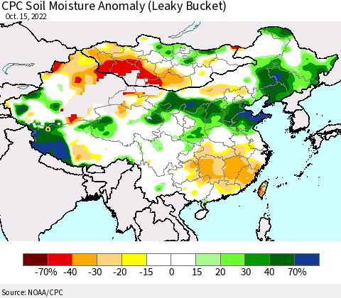 China, Mongolia and Taiwan CPC Soil Moisture Anomaly (Leaky Bucket) Thematic Map For 10/11/2022 - 10/15/2022