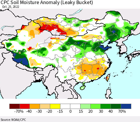 China, Mongolia and Taiwan CPC Soil Moisture Anomaly (Leaky Bucket) Thematic Map For 10/21/2022 - 10/25/2022