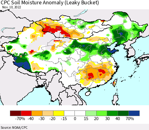 China, Mongolia and Taiwan CPC Soil Moisture Anomaly (Leaky Bucket) Thematic Map For 11/6/2022 - 11/10/2022