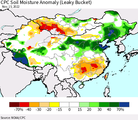 China, Mongolia and Taiwan CPC Soil Moisture Anomaly (Leaky Bucket) Thematic Map For 11/11/2022 - 11/15/2022