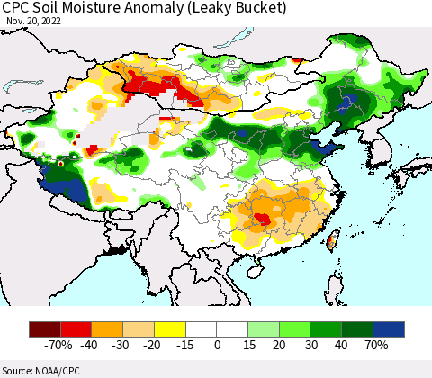 China, Mongolia and Taiwan CPC Soil Moisture Anomaly (Leaky Bucket) Thematic Map For 11/16/2022 - 11/20/2022