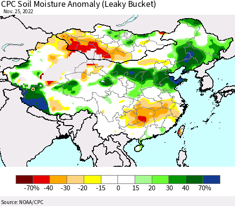 China, Mongolia and Taiwan CPC Soil Moisture Anomaly (Leaky Bucket) Thematic Map For 11/21/2022 - 11/25/2022