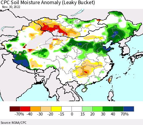 China, Mongolia and Taiwan CPC Soil Moisture Anomaly (Leaky Bucket) Thematic Map For 11/26/2022 - 11/30/2022
