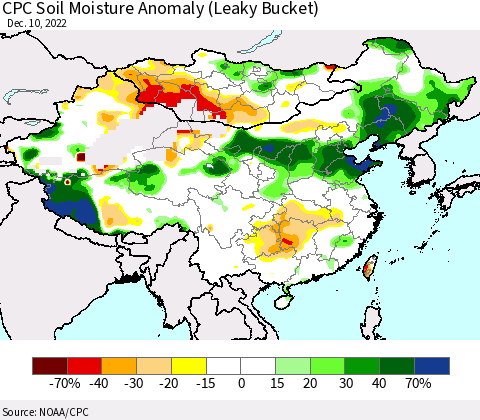 China, Mongolia and Taiwan CPC Soil Moisture Anomaly (Leaky Bucket) Thematic Map For 12/6/2022 - 12/10/2022