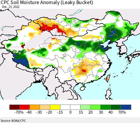 China, Mongolia and Taiwan CPC Soil Moisture Anomaly (Leaky Bucket) Thematic Map For 12/21/2022 - 12/25/2022