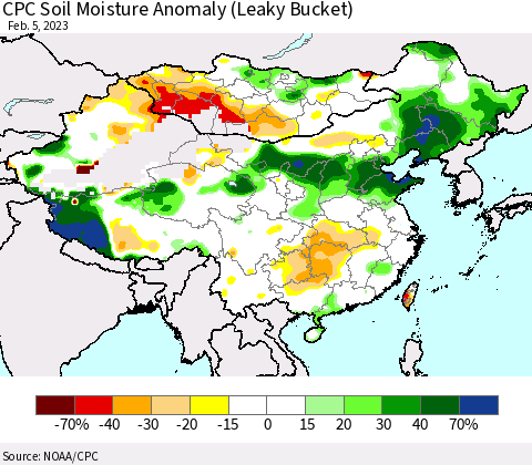 China, Mongolia and Taiwan CPC Soil Moisture Anomaly (Leaky Bucket) Thematic Map For 2/1/2023 - 2/5/2023