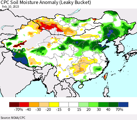 China, Mongolia and Taiwan CPC Soil Moisture Anomaly (Leaky Bucket) Thematic Map For 2/6/2023 - 2/10/2023