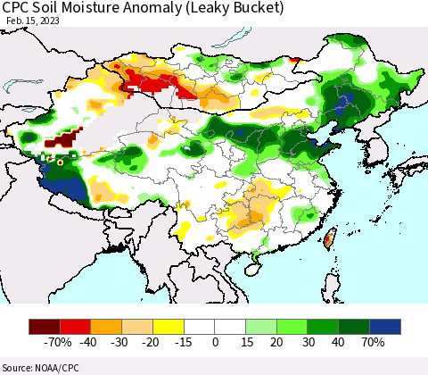 China, Mongolia and Taiwan CPC Soil Moisture Anomaly (Leaky Bucket) Thematic Map For 2/11/2023 - 2/15/2023