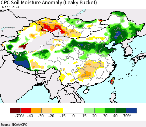 China, Mongolia and Taiwan CPC Soil Moisture Anomaly (Leaky Bucket) Thematic Map For 3/1/2023 - 3/5/2023