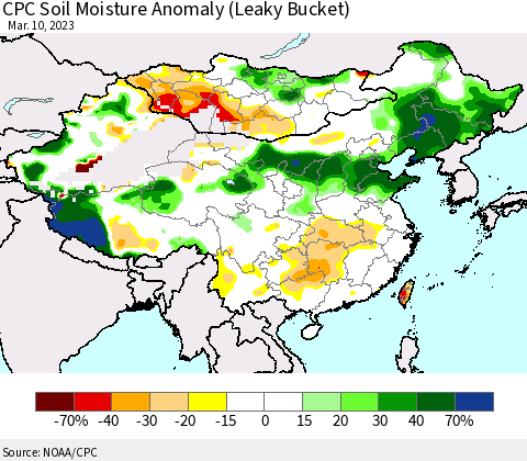China, Mongolia and Taiwan CPC Soil Moisture Anomaly (Leaky Bucket) Thematic Map For 3/6/2023 - 3/10/2023