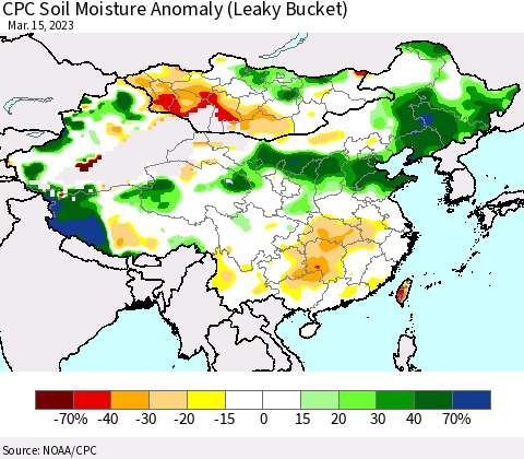 China, Mongolia and Taiwan CPC Soil Moisture Anomaly (Leaky Bucket) Thematic Map For 3/11/2023 - 3/15/2023