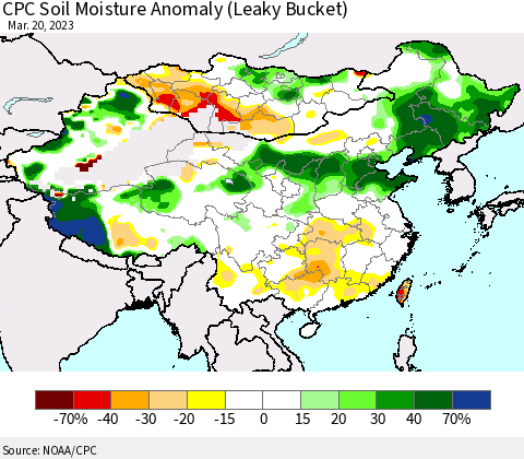 China, Mongolia and Taiwan CPC Soil Moisture Anomaly (Leaky Bucket) Thematic Map For 3/16/2023 - 3/20/2023