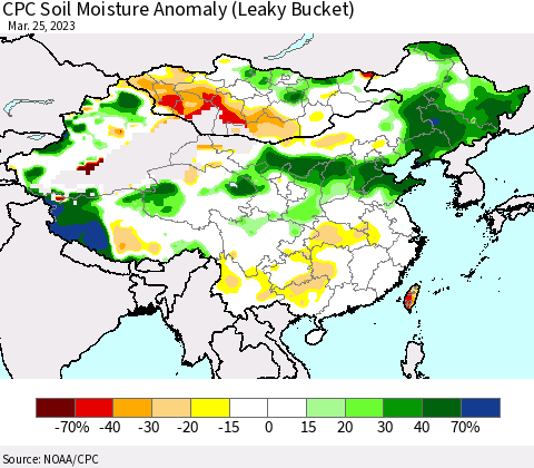 China, Mongolia and Taiwan CPC Soil Moisture Anomaly (Leaky Bucket) Thematic Map For 3/21/2023 - 3/25/2023