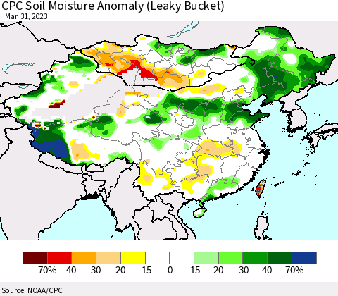 China, Mongolia and Taiwan CPC Soil Moisture Anomaly (Leaky Bucket) Thematic Map For 3/26/2023 - 3/31/2023
