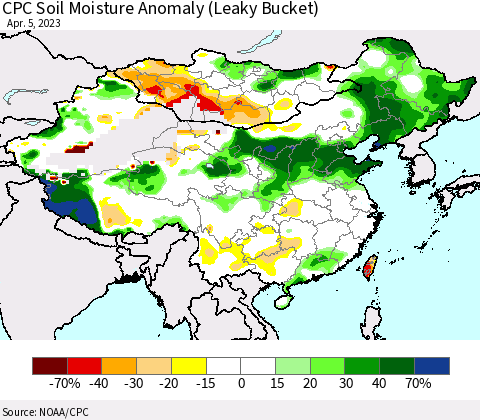 China, Mongolia and Taiwan CPC Soil Moisture Anomaly (Leaky Bucket) Thematic Map For 4/1/2023 - 4/5/2023