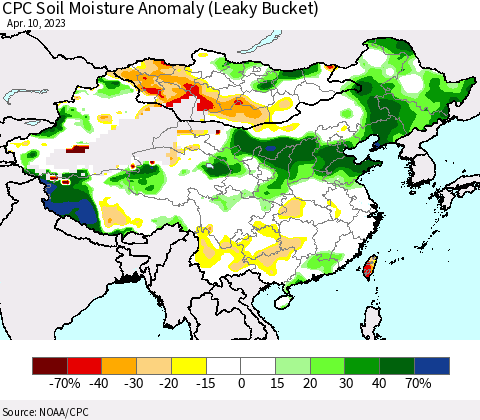 China, Mongolia and Taiwan CPC Soil Moisture Anomaly (Leaky Bucket) Thematic Map For 4/6/2023 - 4/10/2023