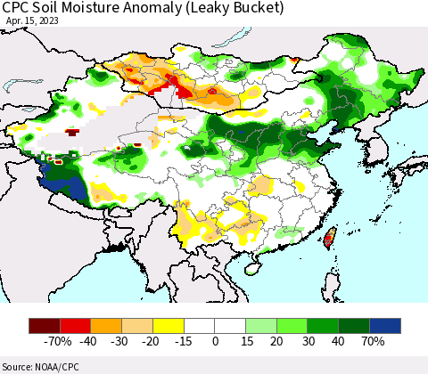China, Mongolia and Taiwan CPC Soil Moisture Anomaly (Leaky Bucket) Thematic Map For 4/11/2023 - 4/15/2023