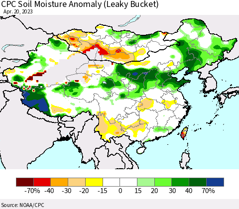 China, Mongolia and Taiwan CPC Soil Moisture Anomaly (Leaky Bucket) Thematic Map For 4/16/2023 - 4/20/2023