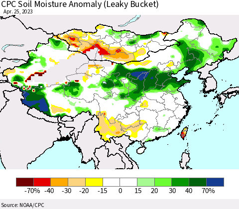 China, Mongolia and Taiwan CPC Soil Moisture Anomaly (Leaky Bucket) Thematic Map For 4/21/2023 - 4/25/2023