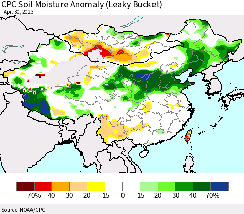 China, Mongolia and Taiwan CPC Soil Moisture Anomaly (Leaky Bucket) Thematic Map For 4/26/2023 - 4/30/2023