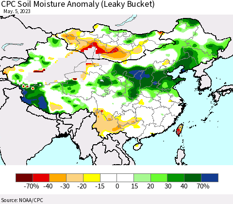 China, Mongolia and Taiwan CPC Soil Moisture Anomaly (Leaky Bucket) Thematic Map For 5/1/2023 - 5/5/2023