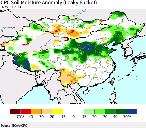 China, Mongolia and Taiwan CPC Soil Moisture Anomaly (Leaky Bucket) Thematic Map For 5/6/2023 - 5/10/2023