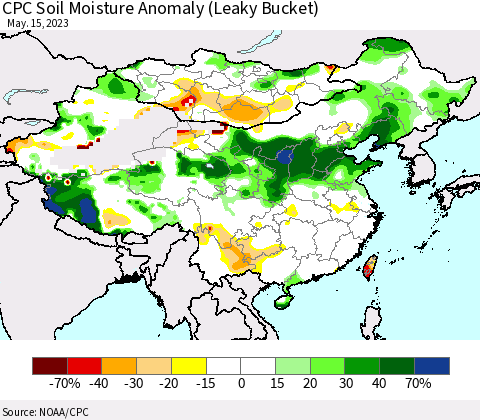 China, Mongolia and Taiwan CPC Soil Moisture Anomaly (Leaky Bucket) Thematic Map For 5/11/2023 - 5/15/2023