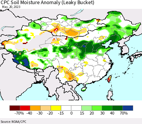 China, Mongolia and Taiwan CPC Soil Moisture Anomaly (Leaky Bucket) Thematic Map For 5/16/2023 - 5/20/2023