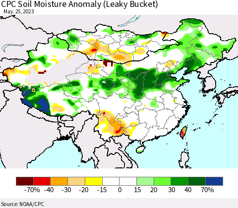 China, Mongolia and Taiwan CPC Soil Moisture Anomaly (Leaky Bucket) Thematic Map For 5/21/2023 - 5/25/2023