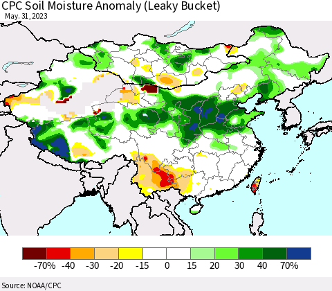 China, Mongolia and Taiwan CPC Soil Moisture Anomaly (Leaky Bucket) Thematic Map For 5/26/2023 - 5/31/2023