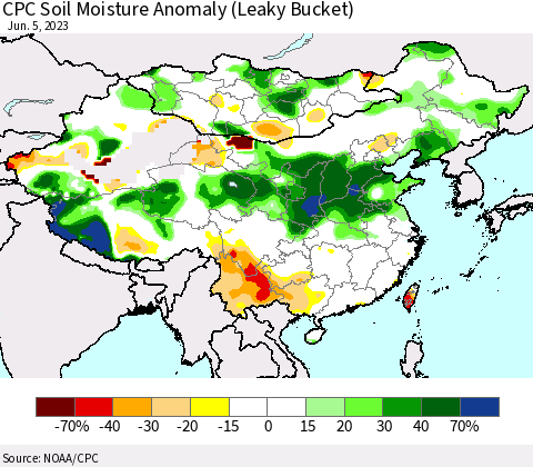 China, Mongolia and Taiwan CPC Soil Moisture Anomaly (Leaky Bucket) Thematic Map For 6/1/2023 - 6/5/2023