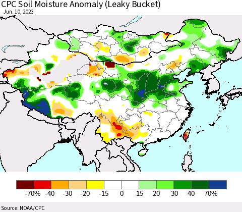 China, Mongolia and Taiwan CPC Soil Moisture Anomaly (Leaky Bucket) Thematic Map For 6/6/2023 - 6/10/2023
