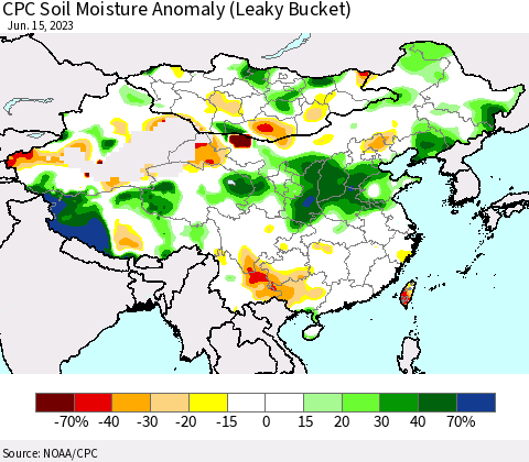 China, Mongolia and Taiwan CPC Soil Moisture Anomaly (Leaky Bucket) Thematic Map For 6/11/2023 - 6/15/2023