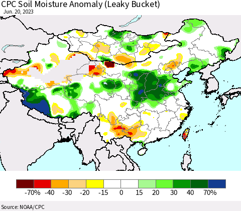 China, Mongolia and Taiwan CPC Soil Moisture Anomaly (Leaky Bucket) Thematic Map For 6/16/2023 - 6/20/2023
