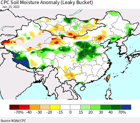 China, Mongolia and Taiwan CPC Soil Moisture Anomaly (Leaky Bucket) Thematic Map For 6/21/2023 - 6/25/2023