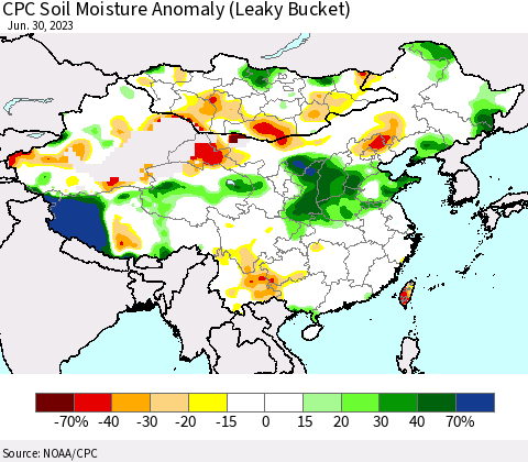 China, Mongolia and Taiwan CPC Soil Moisture Anomaly (Leaky Bucket) Thematic Map For 6/26/2023 - 6/30/2023