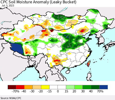China, Mongolia and Taiwan CPC Soil Moisture Anomaly (Leaky Bucket) Thematic Map For 7/1/2023 - 7/5/2023