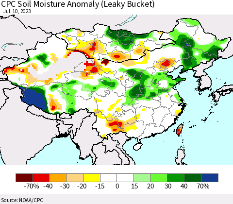 China, Mongolia and Taiwan CPC Soil Moisture Anomaly (Leaky Bucket) Thematic Map For 7/6/2023 - 7/10/2023