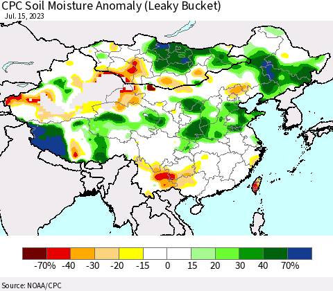 China, Mongolia and Taiwan CPC Soil Moisture Anomaly (Leaky Bucket) Thematic Map For 7/11/2023 - 7/15/2023
