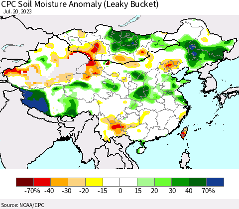 China, Mongolia and Taiwan CPC Soil Moisture Anomaly (Leaky Bucket) Thematic Map For 7/16/2023 - 7/20/2023