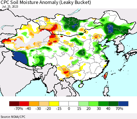 China, Mongolia and Taiwan CPC Soil Moisture Anomaly (Leaky Bucket) Thematic Map For 7/21/2023 - 7/25/2023