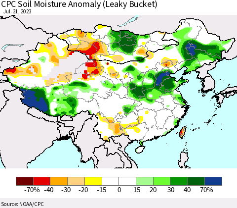 China, Mongolia and Taiwan CPC Soil Moisture Anomaly (Leaky Bucket) Thematic Map For 7/26/2023 - 7/31/2023