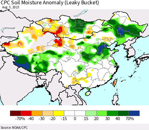 China, Mongolia and Taiwan CPC Soil Moisture Anomaly (Leaky Bucket) Thematic Map For 8/1/2023 - 8/5/2023