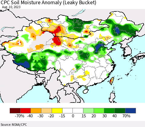 China, Mongolia and Taiwan CPC Soil Moisture Anomaly (Leaky Bucket) Thematic Map For 8/6/2023 - 8/10/2023