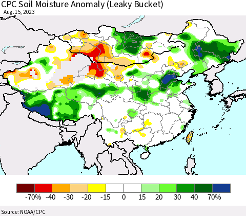 China, Mongolia and Taiwan CPC Soil Moisture Anomaly (Leaky Bucket) Thematic Map For 8/11/2023 - 8/15/2023