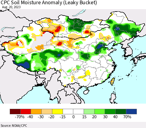 China, Mongolia and Taiwan CPC Soil Moisture Anomaly (Leaky Bucket) Thematic Map For 8/16/2023 - 8/20/2023